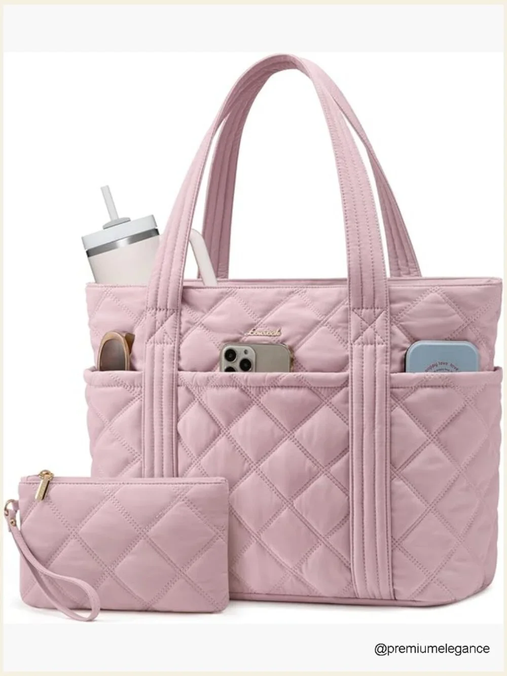 Puffer Tote Bag with Cup Holder, Work Handbag, Travel Carry On, 27L Capacity,